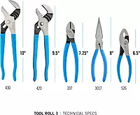 Channellock TOOL ROLL-3 5 Piece Pliers Set|Fast Release Handy Vinyl Pouch Features Long Nose,Diagonal Cutter,Slip Joint