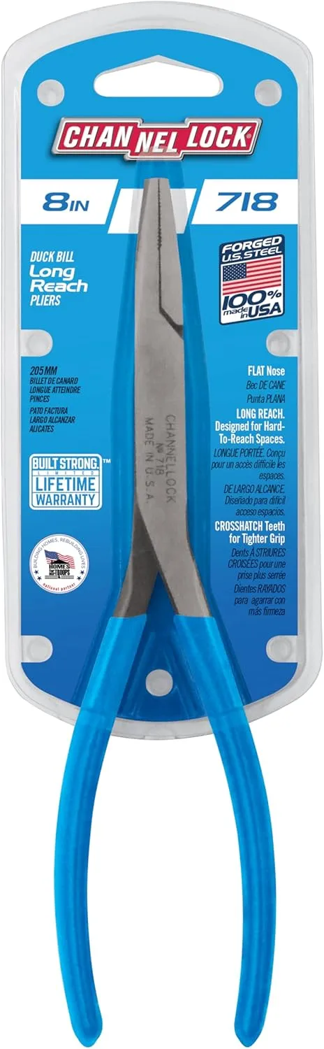 Channellock 8-Inch Long Reach Pliers, High Carbon Drop Forged, Blue Comfort Grips