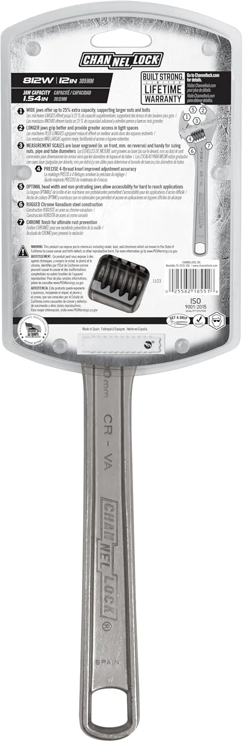 Channellock 812W 12-inch Adjustable Wrench, 1.5-inch Wide Mouth Jaw Capacity, Precise Jaw Design Grips in Tight Spaces