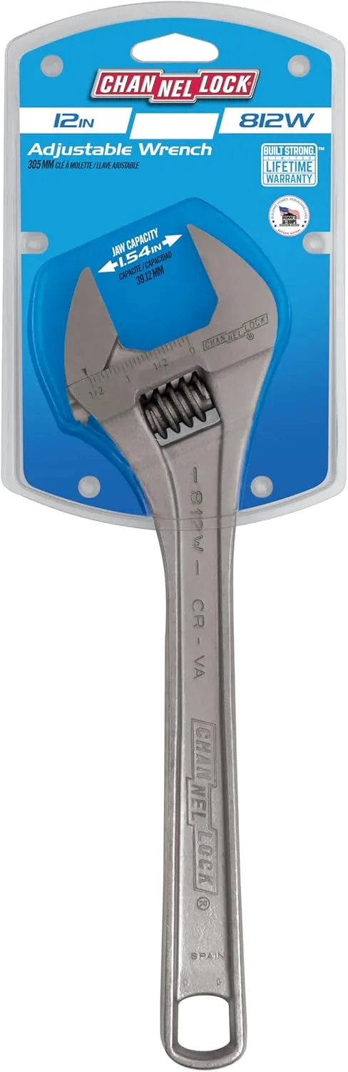 Channellock 812W 12-inch Adjustable Wrench, 1.5-inch Wide Mouth Jaw Capacity, Precise Jaw Design Grips in Tight Spaces