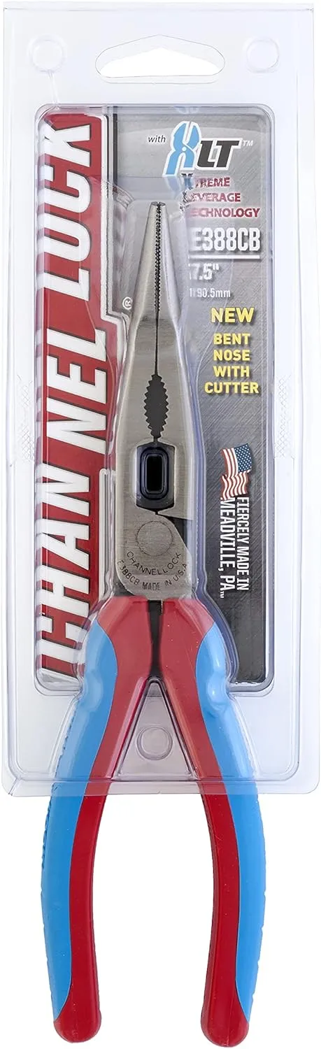 Channellock E388CB E Series Bent Long Nose Plier with XLT Joint and Code Blue Grips, 8-Inch Combination Bent Nose CODE BLUE Grip