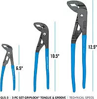 CHANNELLOCK GLS-3 3-Piece GRIPLOCK Tongue & Groove Pliers Set, 6.5", 9.5", 12.5" Water Pump Pliers