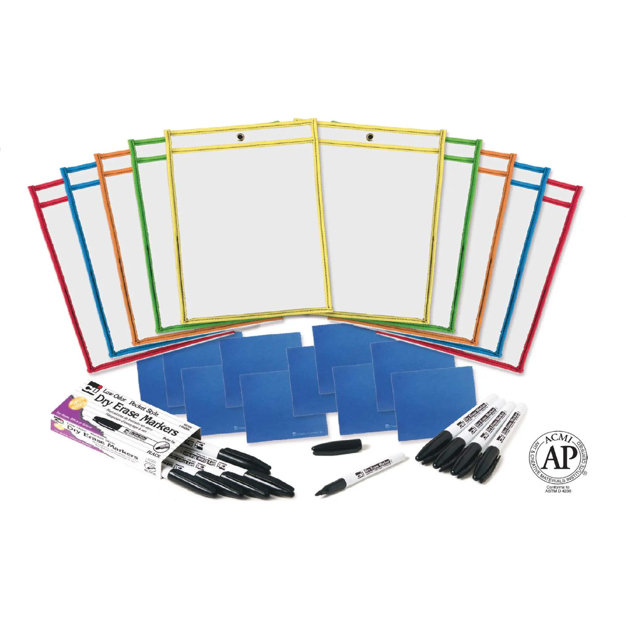 Charles Leonard Reusable Clear Dry Erase Pockets Class Pack, Includes 10 Each of Pockets/Markers/Cloth Erasers (29130)