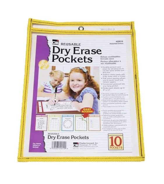 Charles Leonard Reusable Clear Dry Erase Pockets Class Pack, Includes 10 Each of Pockets/Markers/Cloth Erasers (29130)