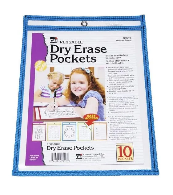 Charles Leonard Reusable Clear Dry Erase Pockets Class Pack, Includes 10 Each of Pockets/Markers/Cloth Erasers (29130)