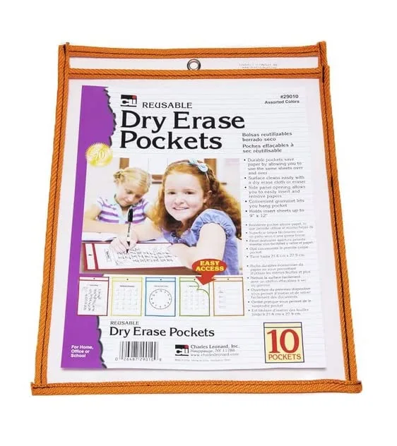 Charles Leonard Reusable Clear Dry Erase Pockets Class Pack, Includes 10 Each of Pockets/Markers/Cloth Erasers (29130)