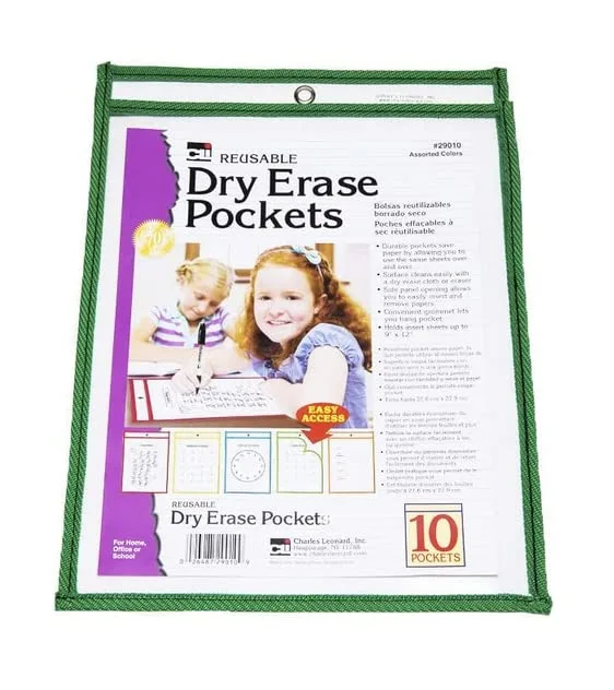 Charles Leonard Reusable Clear Dry Erase Pockets Class Pack, Includes 10 Each of Pockets/Markers/Cloth Erasers (29130)