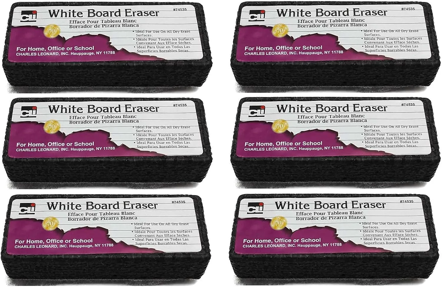 Charles Leonard Whiteboard Eraser, Felt/Foam, Gray and Black, Pack of 6