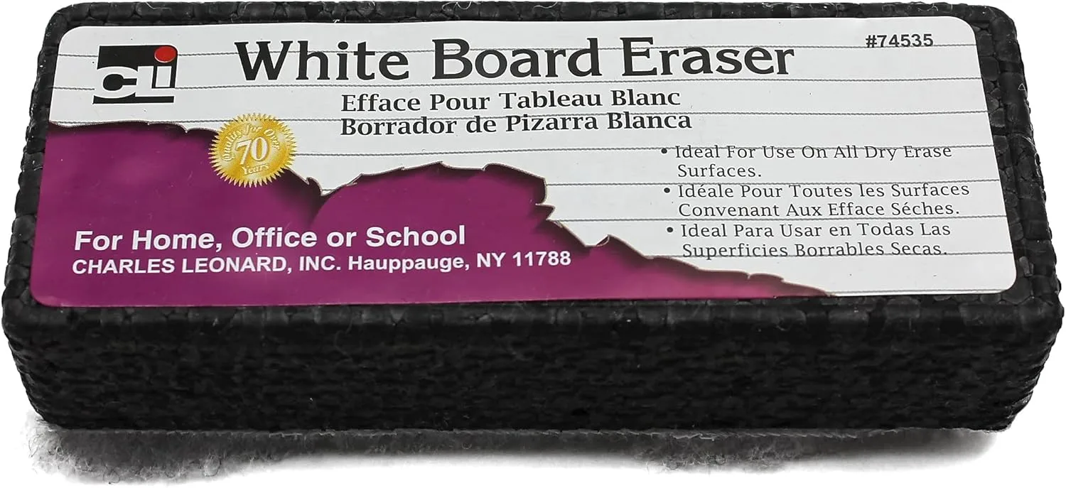 Charles Leonard Whiteboard Eraser, Felt/Foam, Gray and Black, Pack of 6