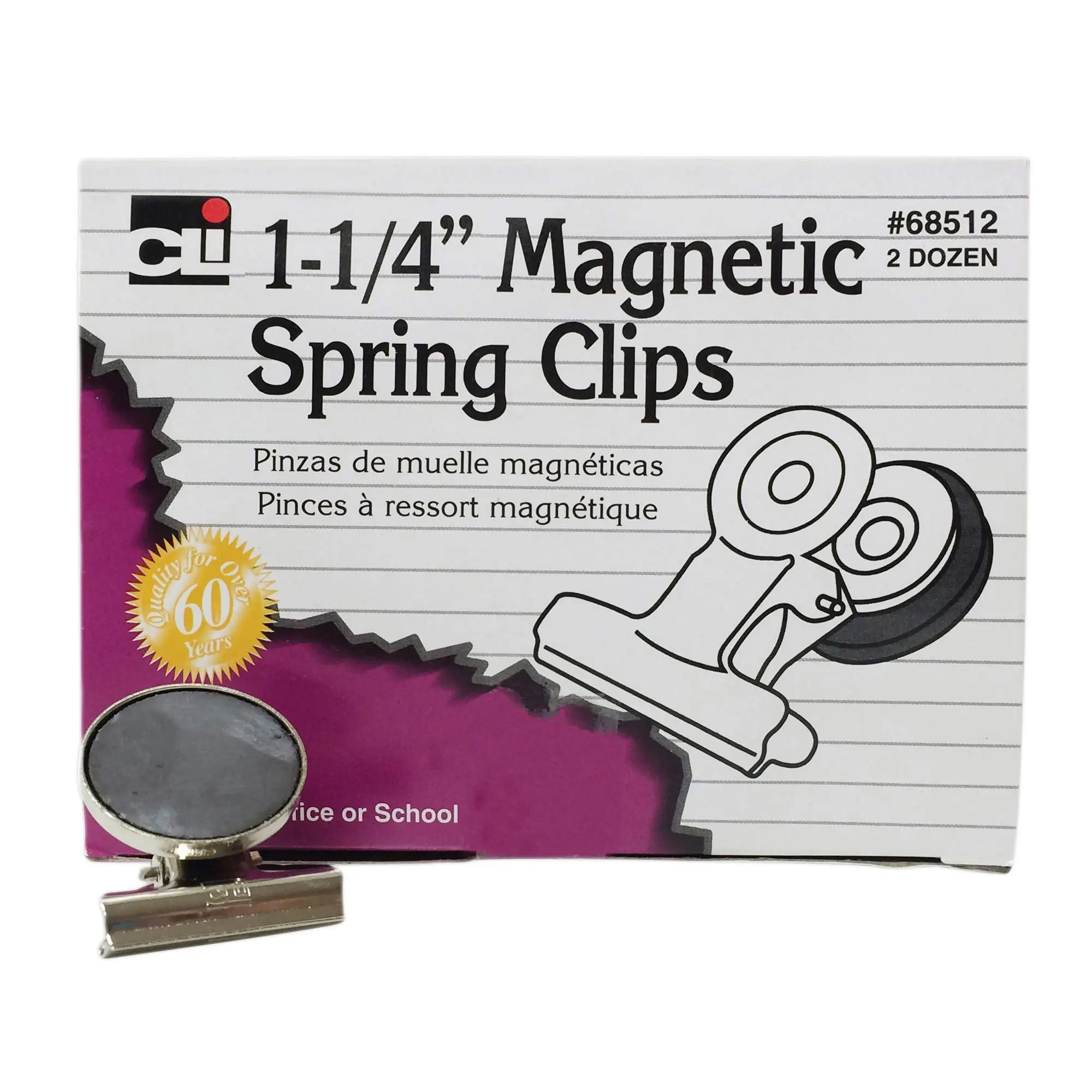 Charles Leonard Spring Clips with Hanging Hole, Magnetic, 1-1/4 Inch, Silver, 24-Pack (68512)