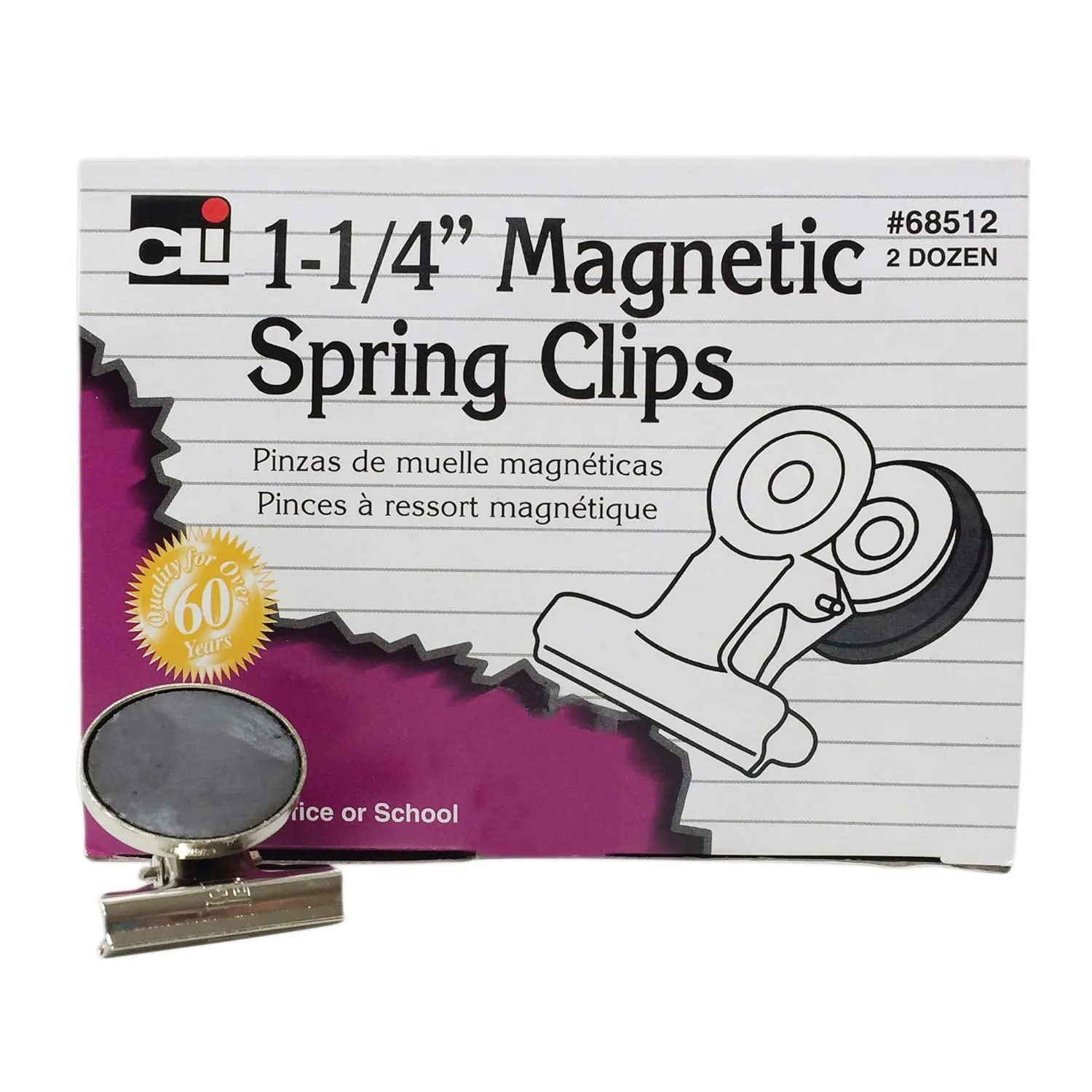 Charles Leonard Spring Clips with Hanging Hole, Magnetic, 1-1/4 Inch, Silver, 24-Pack (68512)