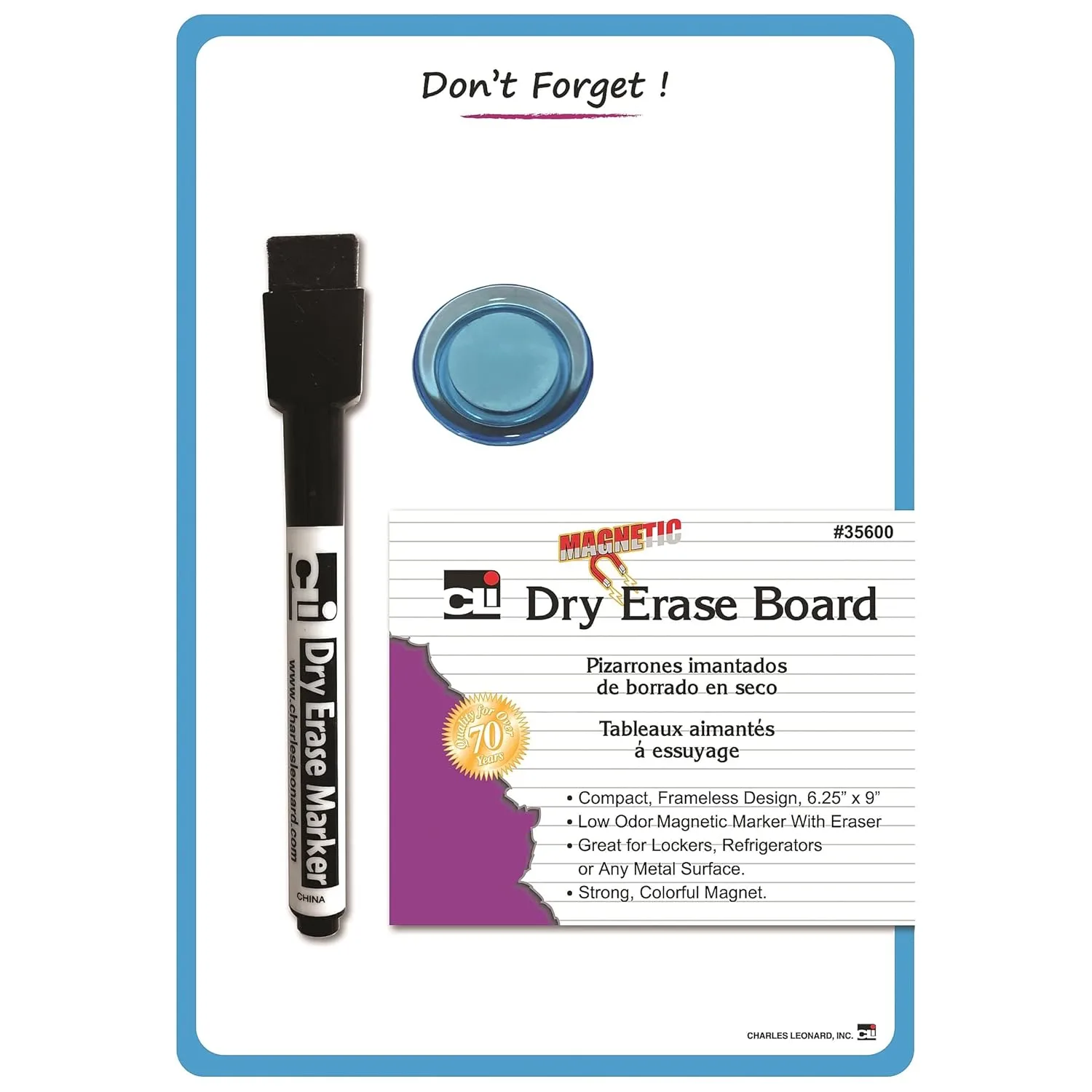 Charles Leonard Magnetic Mini Dry Erase Boards, 6-1/4" x 9", Marker w/Eraser and 1 Magnet, Blue Frame, Pack of 12