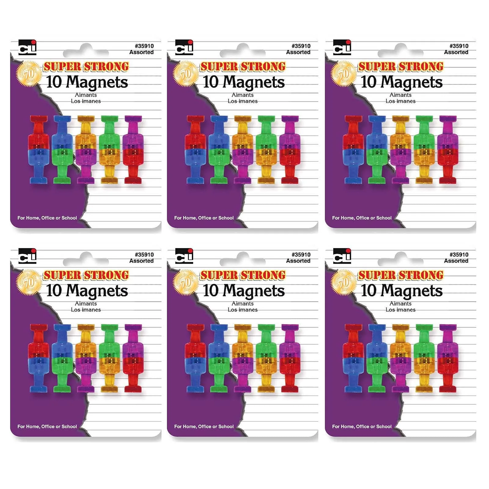 Charles Leonard Push Pin Style Super Strong Strength Magnets, 3/4in x 3/4in, Assorted Colors, 10 Magnets Per Pack