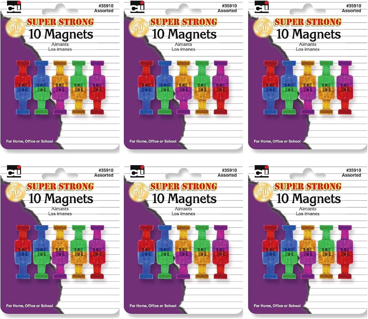 Charles Leonard Push Pin Style Super Strong Strength Magnets, 3/4in x 3/4in, Assorted Colors, 10 Magnets Per Pack