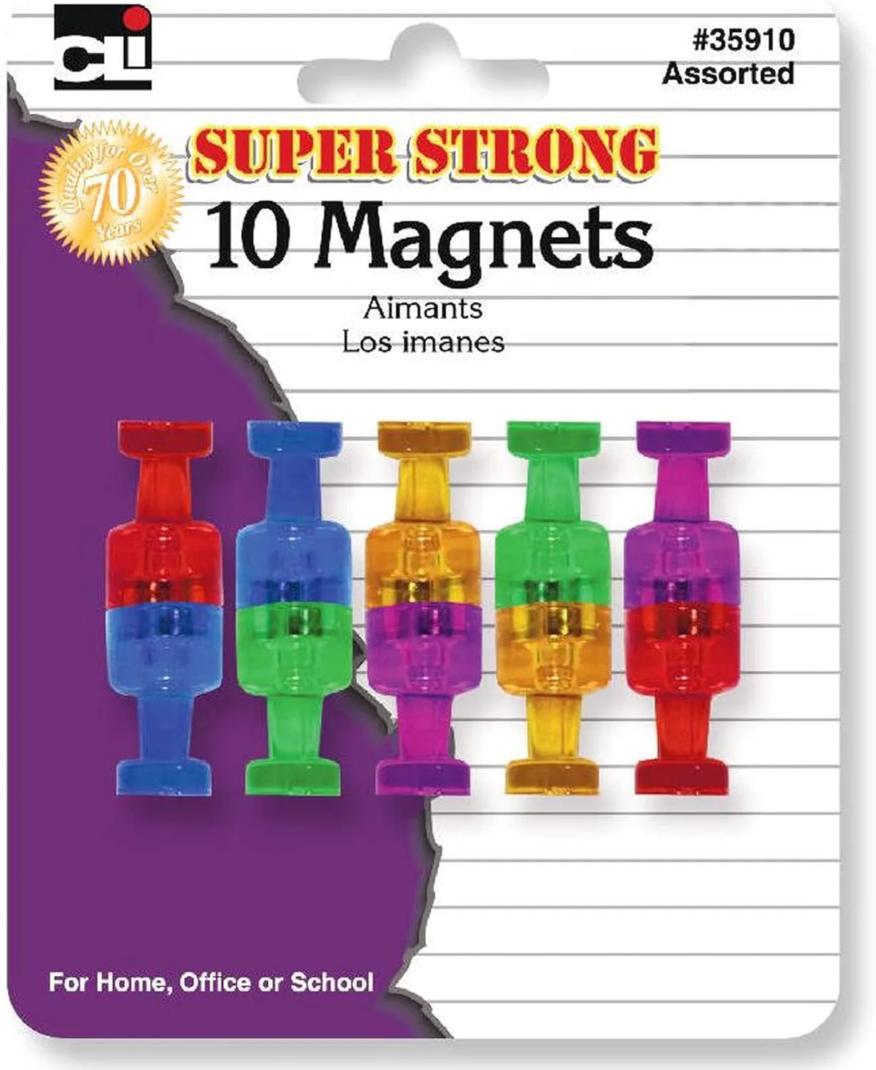 Charles Leonard Push Pin Style Super Strong Strength Magnets, 3/4in x 3/4in, Assorted Colors, 10 Magnets Per Pack