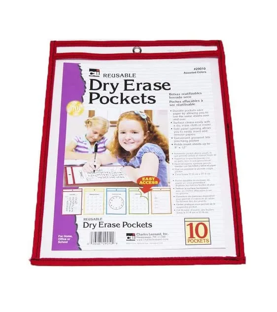 Charles Leonard Reusable Clear Dry Erase Pockets Class Pack, Includes 10 Each of Pockets/Markers/Cloth Erasers (29130)