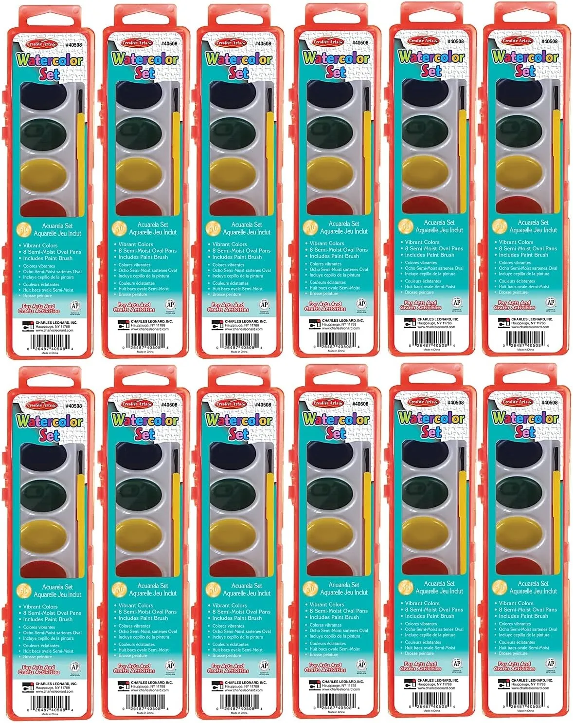 Charles Leonard Semi-Moist Watercolor Paint Set, Oval Pan with Brush, 8 Assorted Colors, 12 Sets