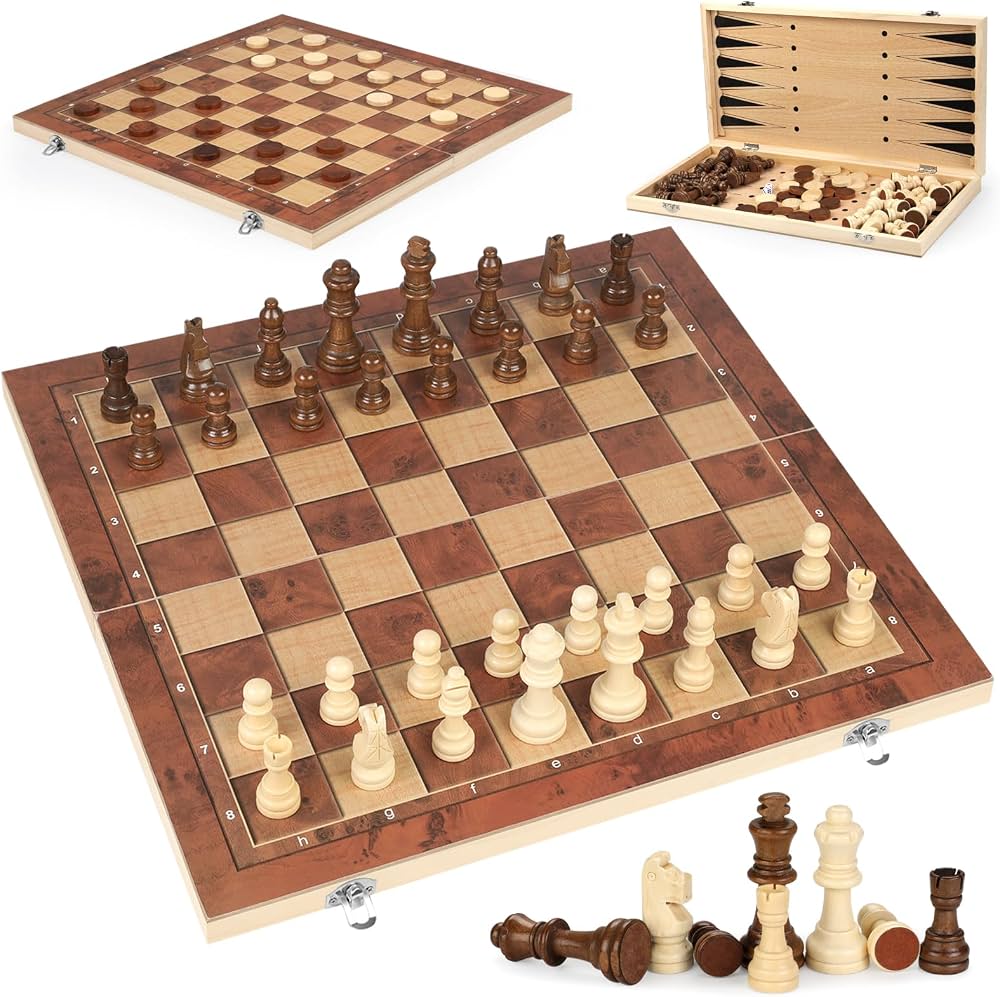 CHESS + BACKGAMMON + CHECKER GAME  WOODEN LARGE SIZE