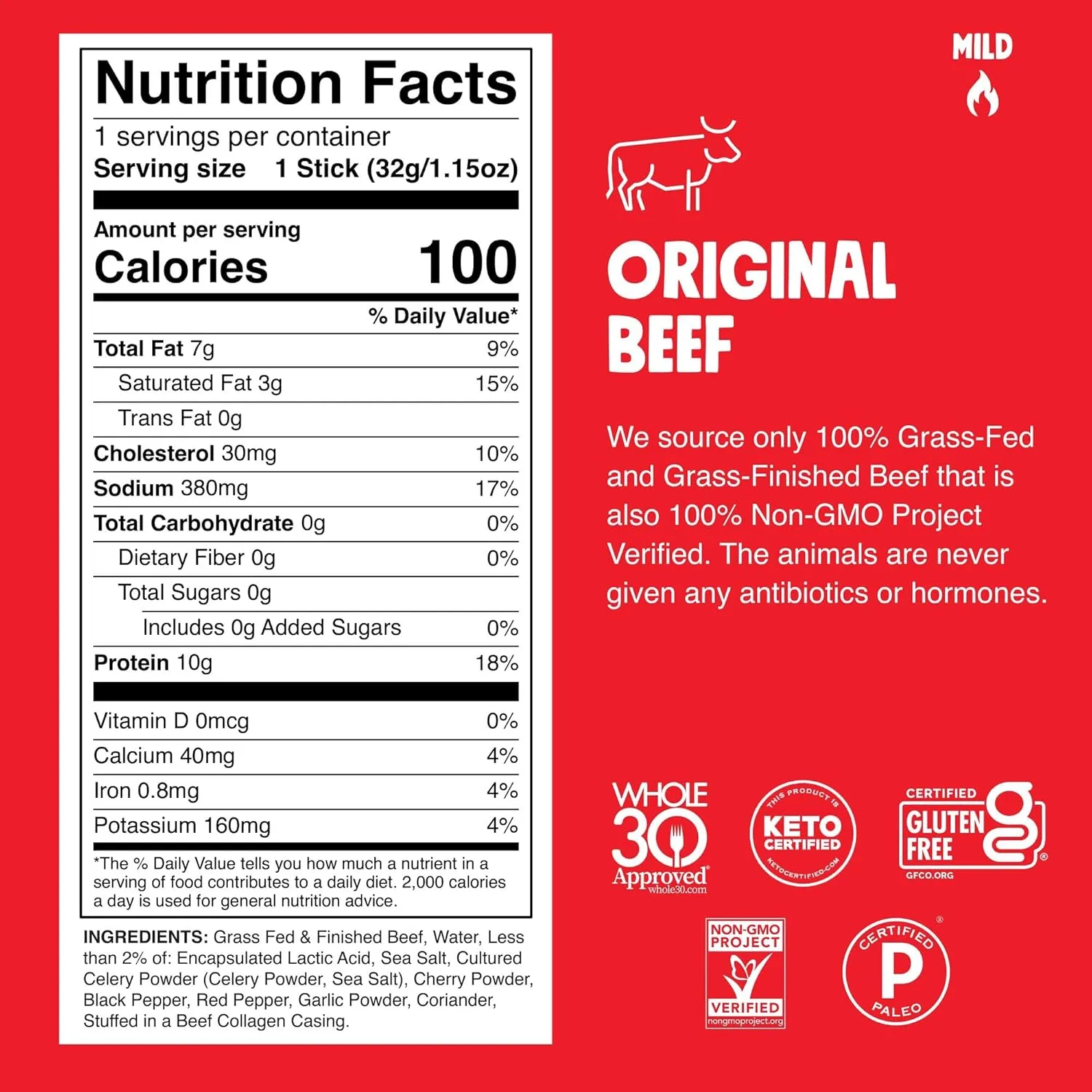 Chomps Grass-Fed and Finished Original Beef Jerky Snack Sticks 24-Pack, Keto, Paleo, Whole30, 10g Protein, Gluten-Free