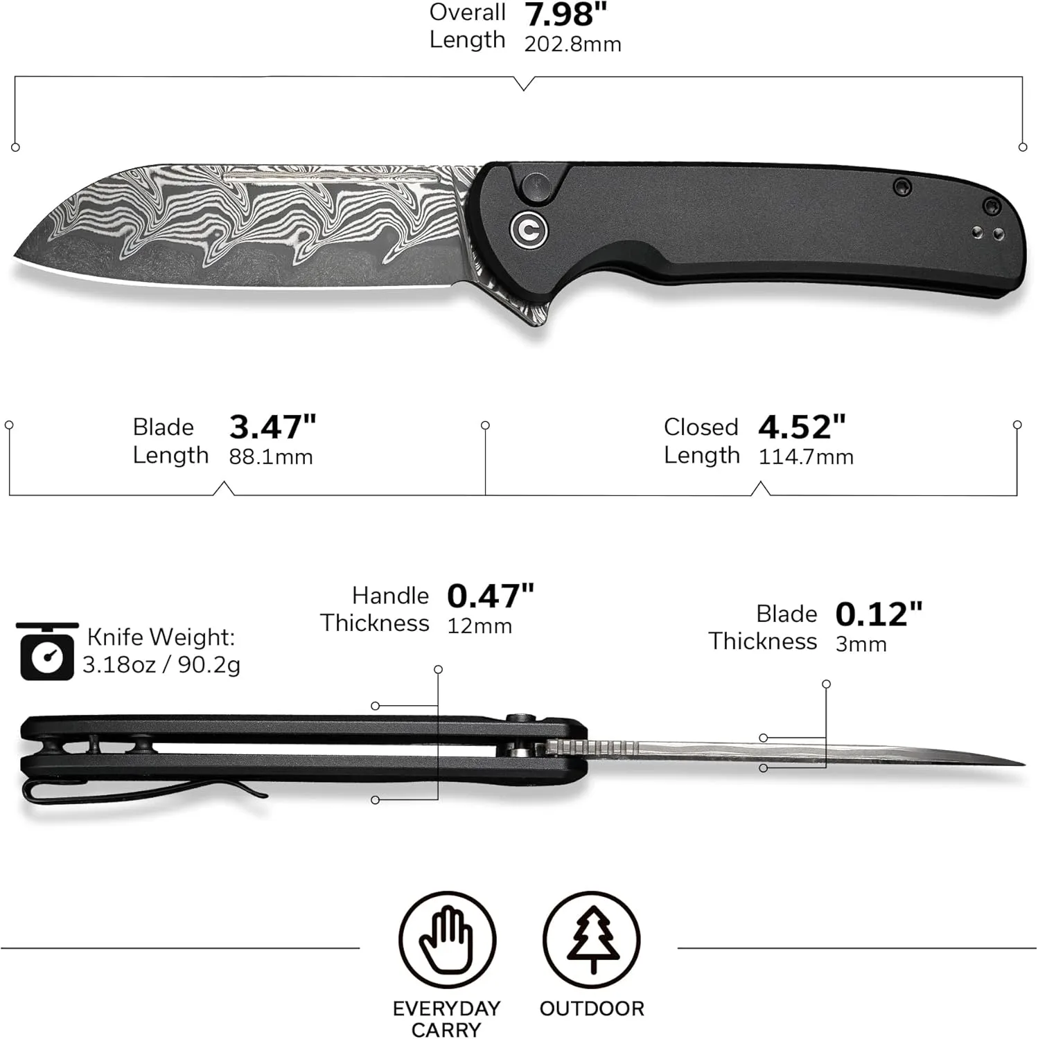 CIVIVI Chevalier II Folding Pocket Knife, Button Lock, 3.47\" Sheepsfoot Blade, Aluminum Handle