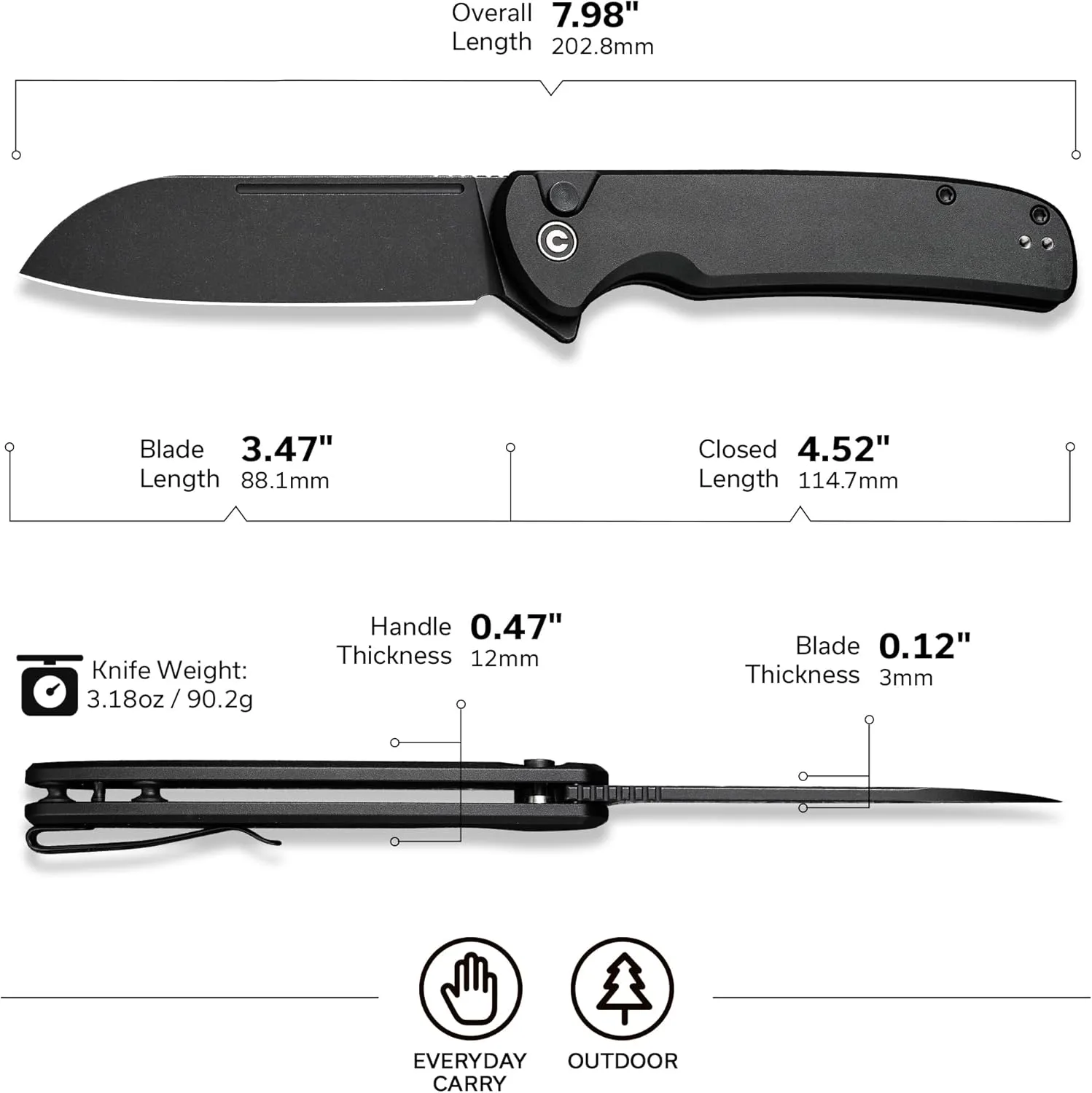 CIVIVI Chevalier II Folding Pocket Knife, Button Lock, 3.47\" Sheepsfoot Blade, Aluminum Handle