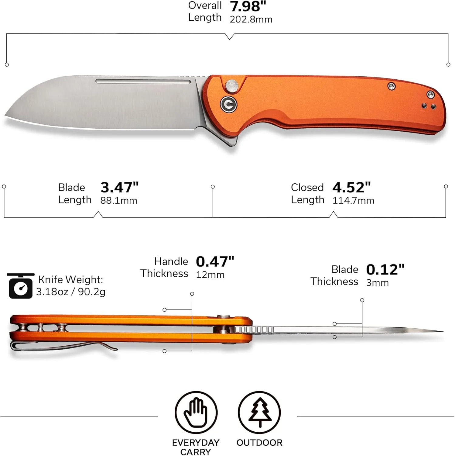 CIVIVI Chevalier II Folding Pocket Knife, Button Lock, 3.47\" Sheepsfoot Blade, Aluminum Handle