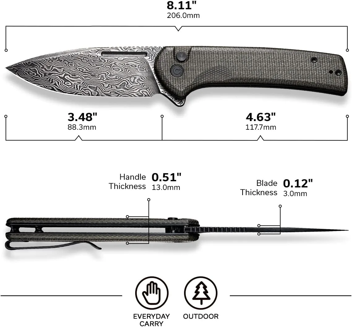 CIVIVI Conspirator Pocket Folding Knife 3.48in Blade, Micarta Handle, Button Lock