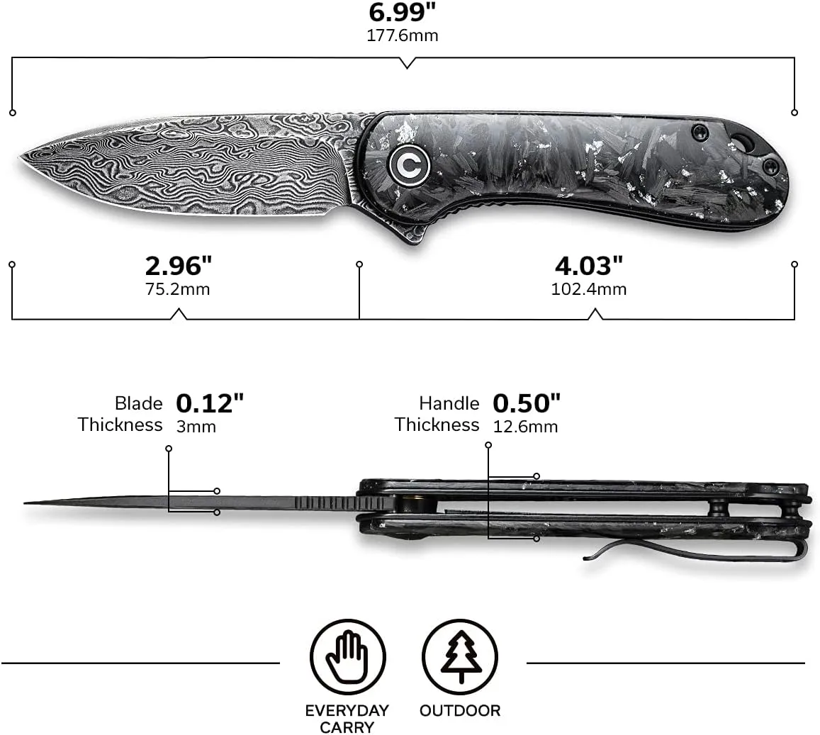 CIVIVI Elementum Folding Pocket Knife 2.96" Damascus Blade