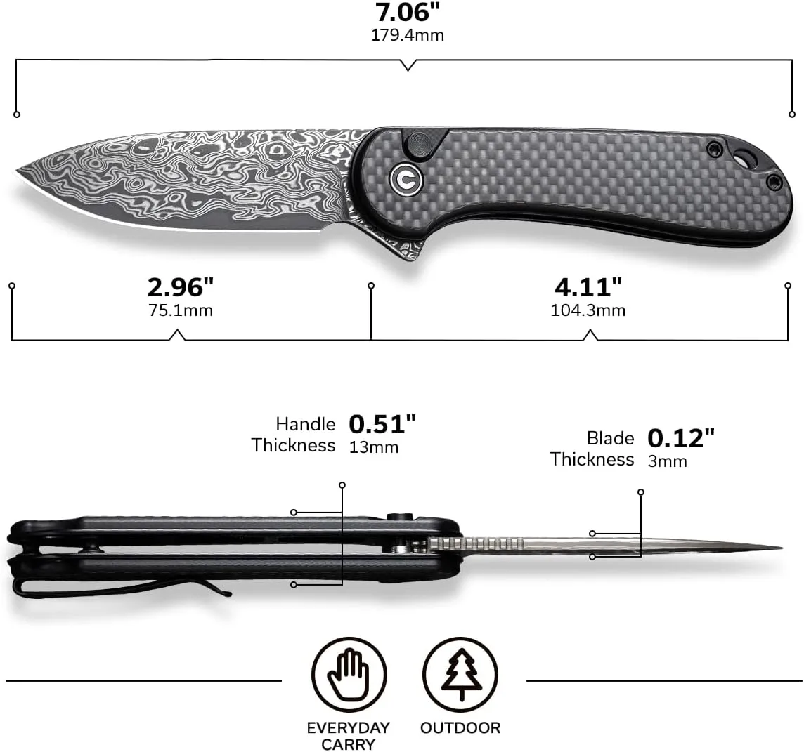 CIVIVI Elementum II Pocket Folding Knife 2.96in Blade Button Lock Deep-Carry Clip