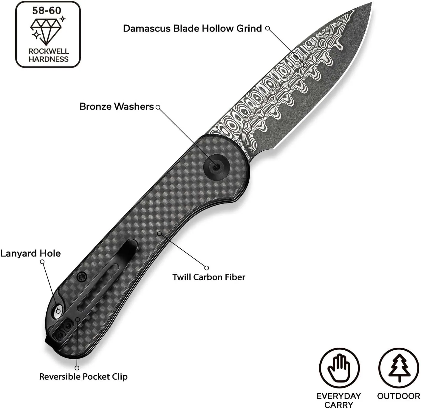CIVIVI Elementum Slip Joint Pocket Knife for EDC, Folding Knife with 2.96" Damascus Blade Twill Carbon Fiber Handle