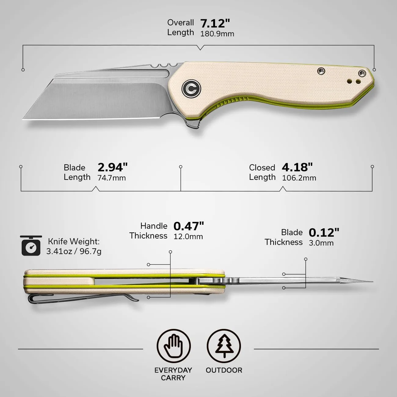 CIVIVI ExOne Folding Pocket Knife, 2.94" Nitro-V Reverse Tanto, G10 Handle
