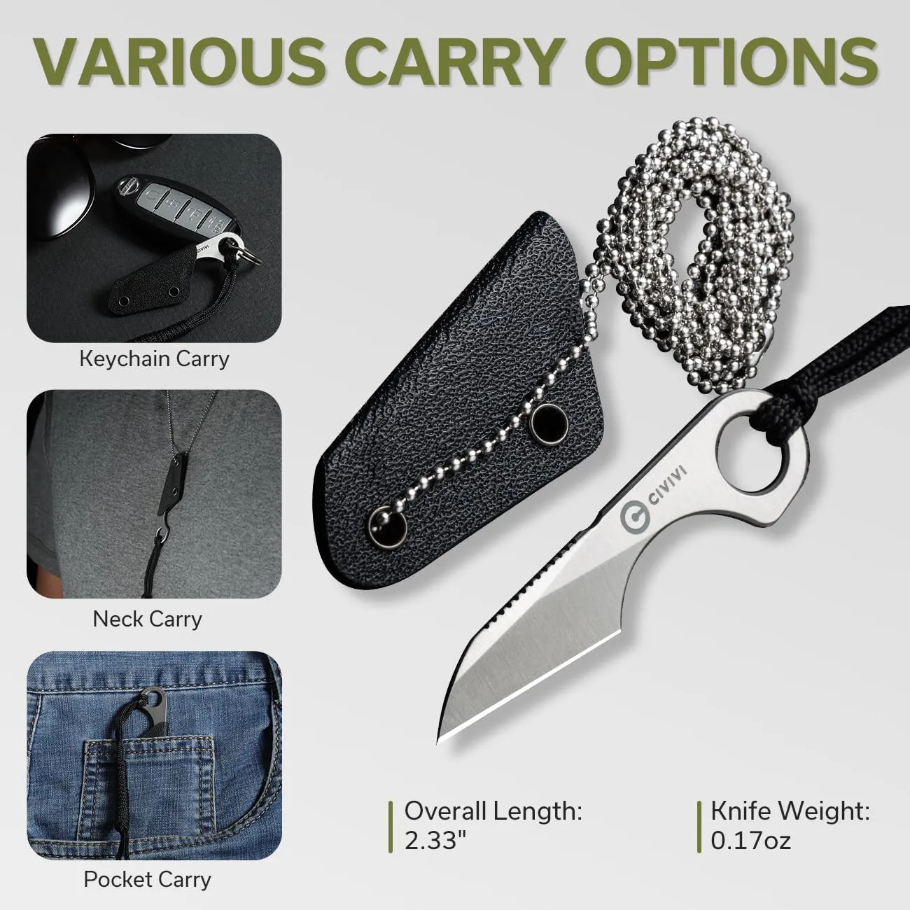 CIVIVI Gramis Mini Fixed Blade Neck Knife for EDC, Swedish 14C28N Steel