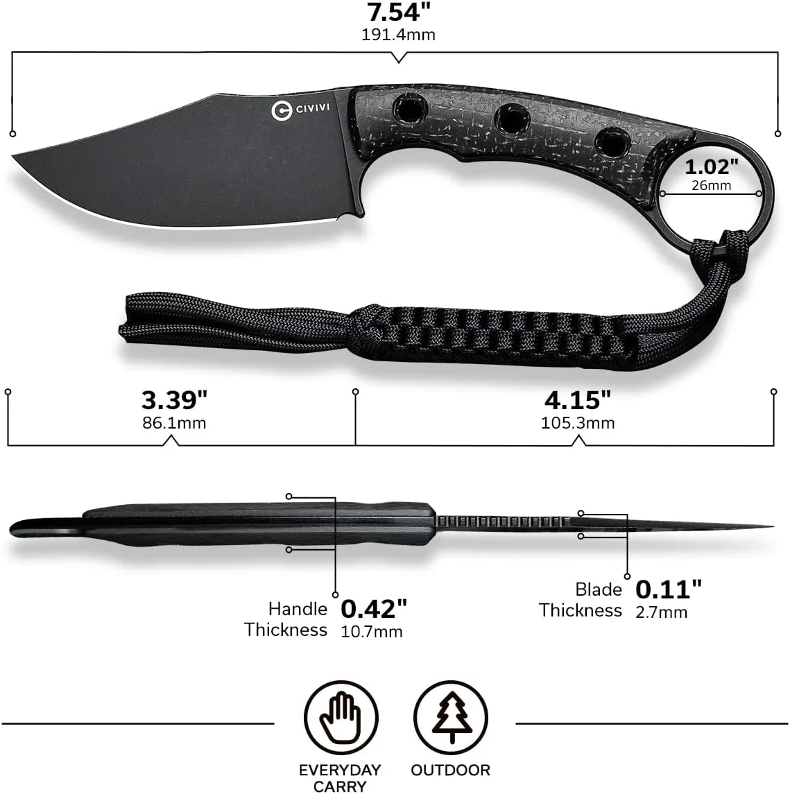 CIVIVI Midwatch Fixed Blade Knife, 3.39" Bohler N690 with Kydex Sheath