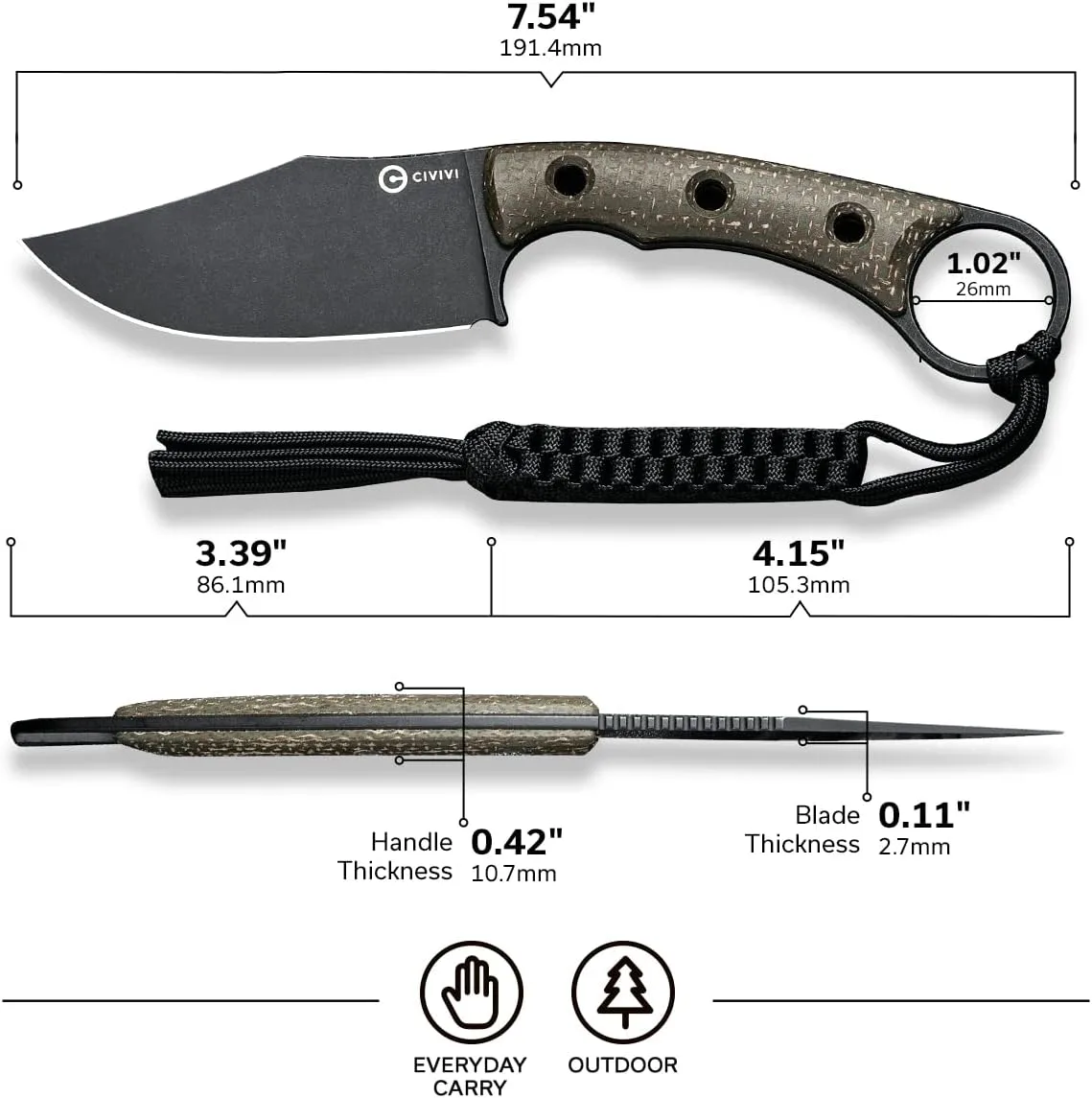 CIVIVI Midwatch Fixed Blade Knife, 3.39" Bohler N690 with Kydex Sheath