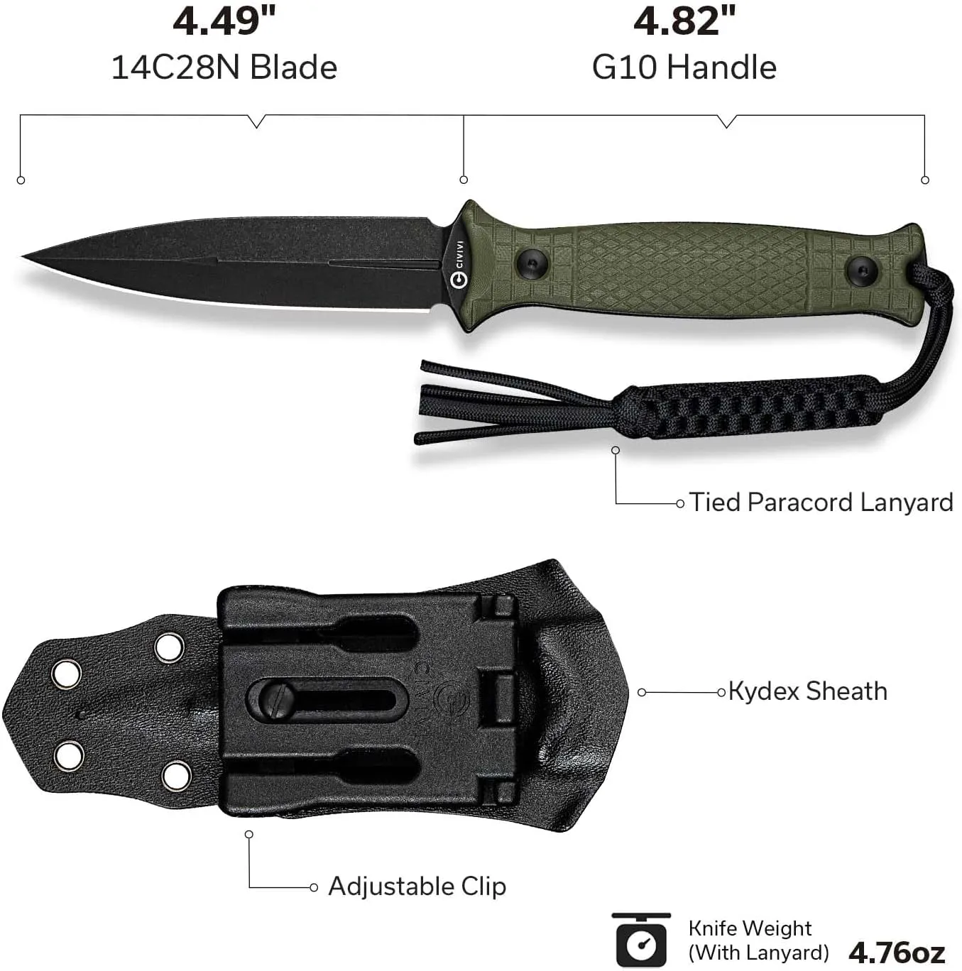 CIVIVI Perfrico Fixed Blade Knife 4.49" Single-edge 14C28N Full Tang Textured G10 Handle with Kydex Sheath