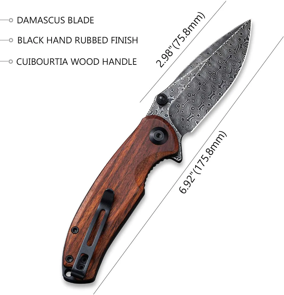 CIVIVI Pintail Flipper Pocket Knife for EDC, Liner Lock Knife 2.97'' Damascus Blade Cuibourtia Wood Handle C2020DS-2