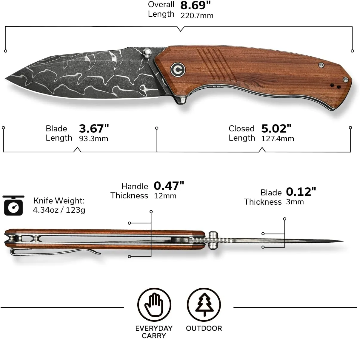 CIVIVI Placoid Folding Pocket Knife for EDC, 3.67" Blade