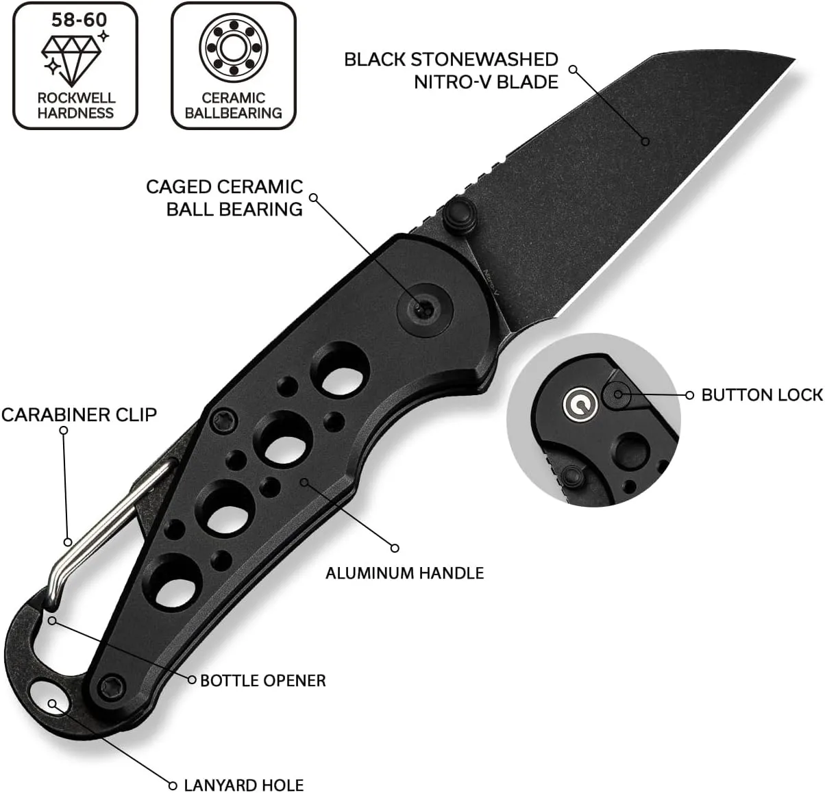 CIVIVI Pragma Folding Knife 2.2" Wharncliffe, Aluminum Handle, Carabiner & Bottle Opener