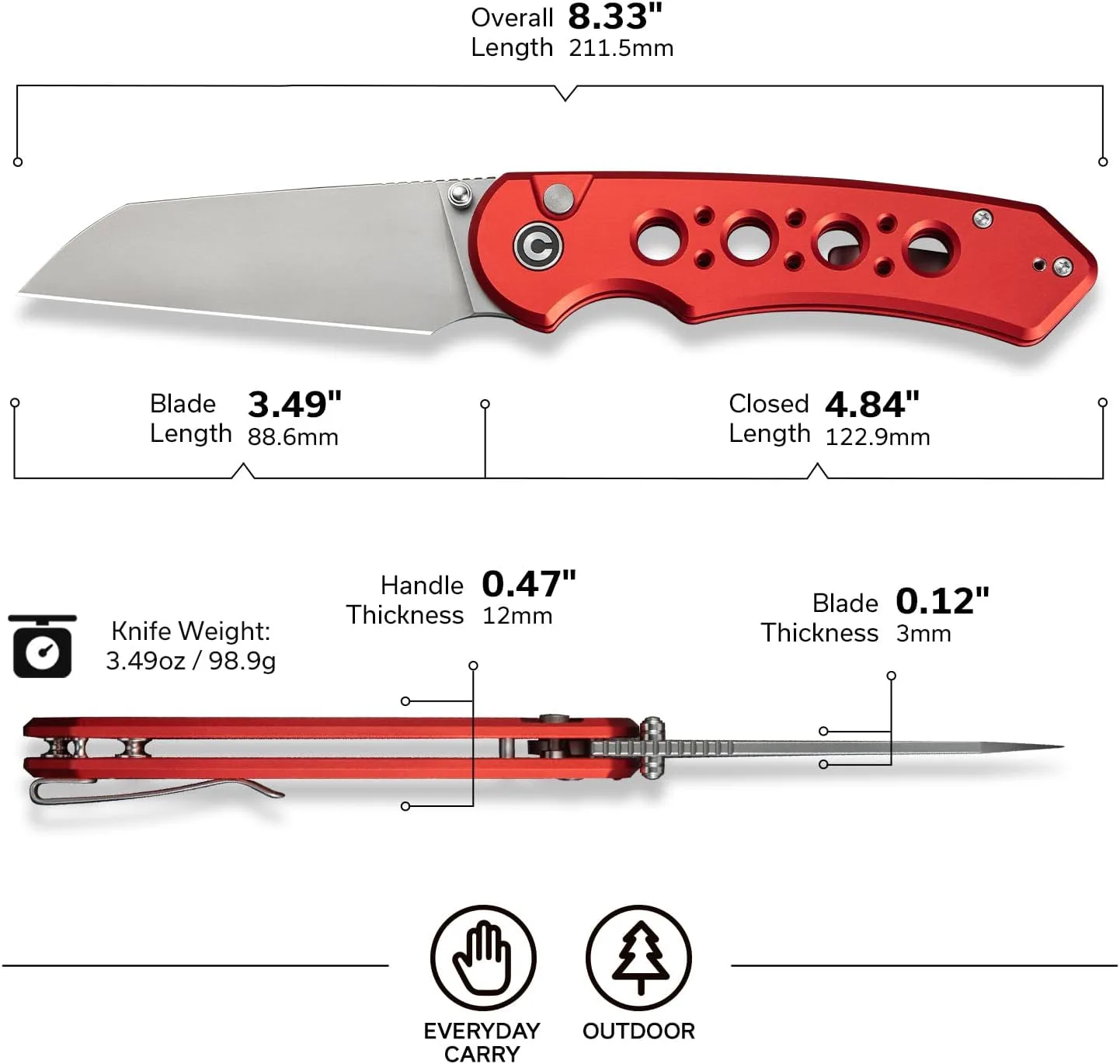 CIVIVI Pragma Prime Pocket Knife for EDC, 3.49" Wharncliffe Blade, Aluminum Handle, Reversible Clip