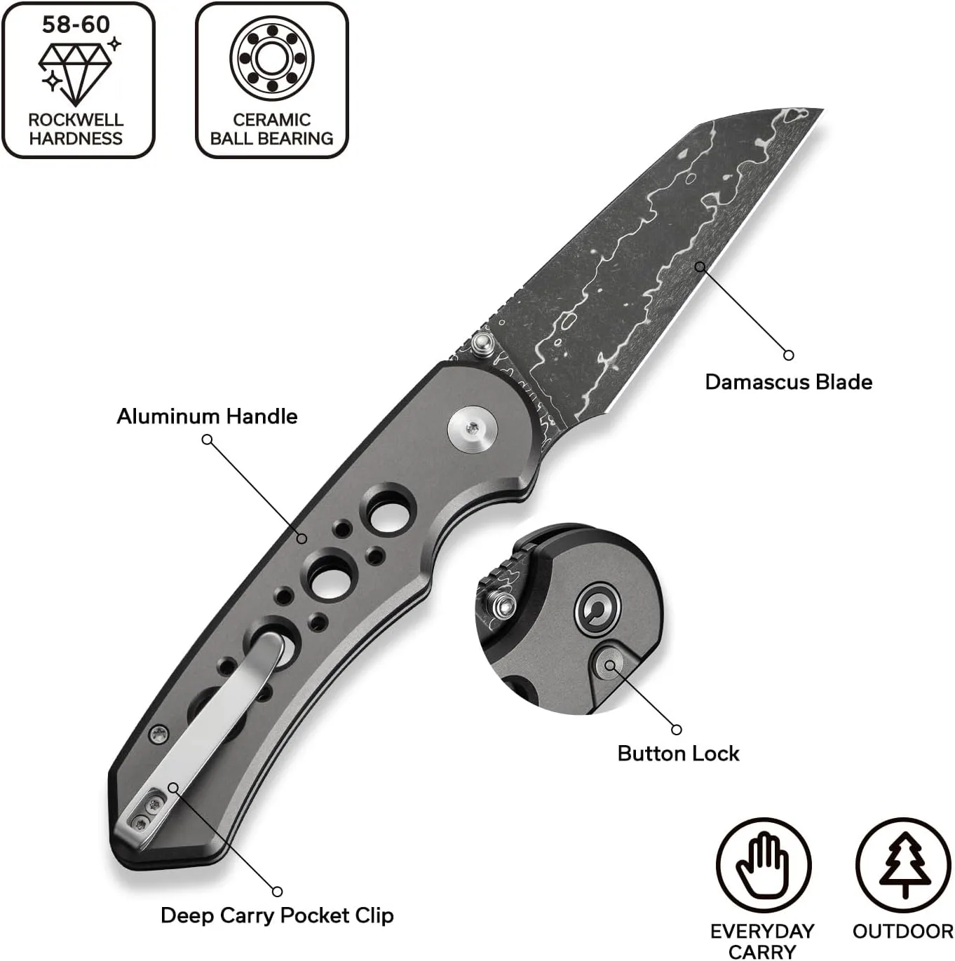 CIVIVI Pragma Prime Pocket Knife for EDC, 3.49" Wharncliffe Blade, Aluminum Handle, Reversible Clip