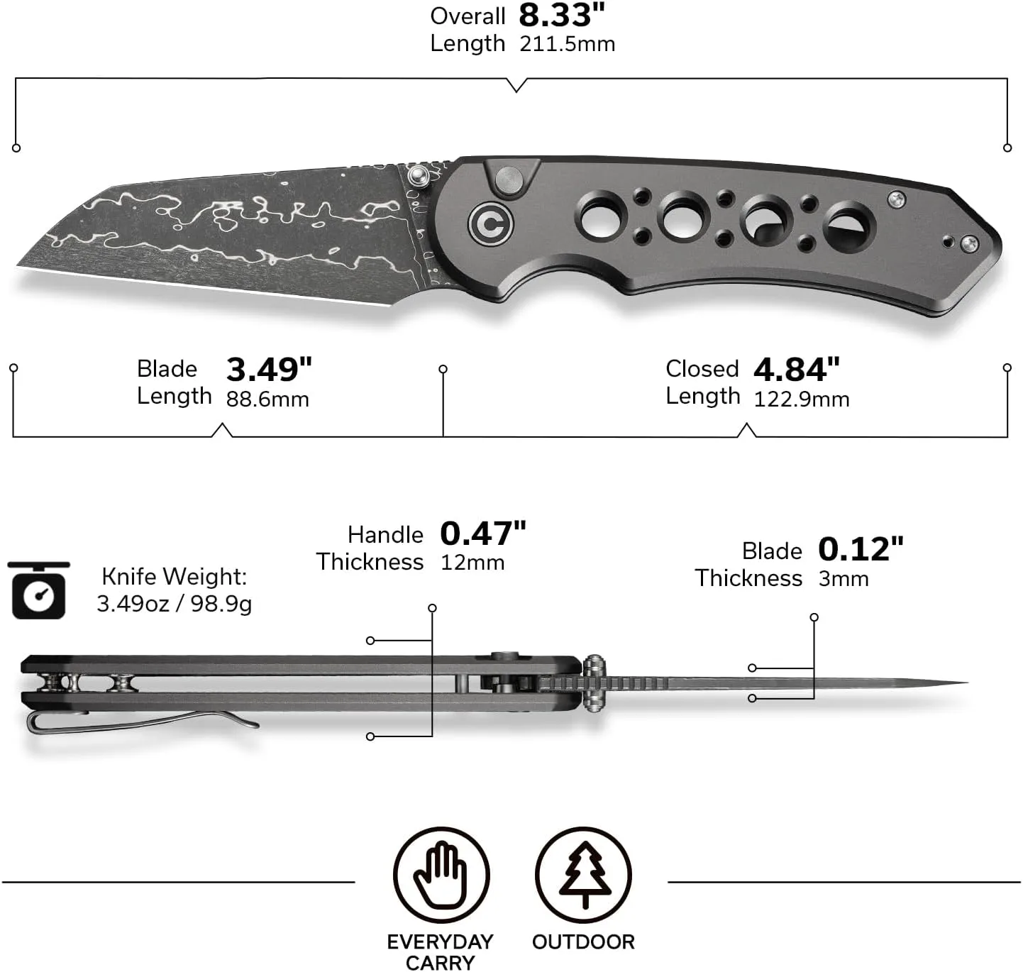 CIVIVI Pragma Prime Pocket Knife for EDC, 3.49" Wharncliffe Blade, Aluminum Handle, Reversible Clip