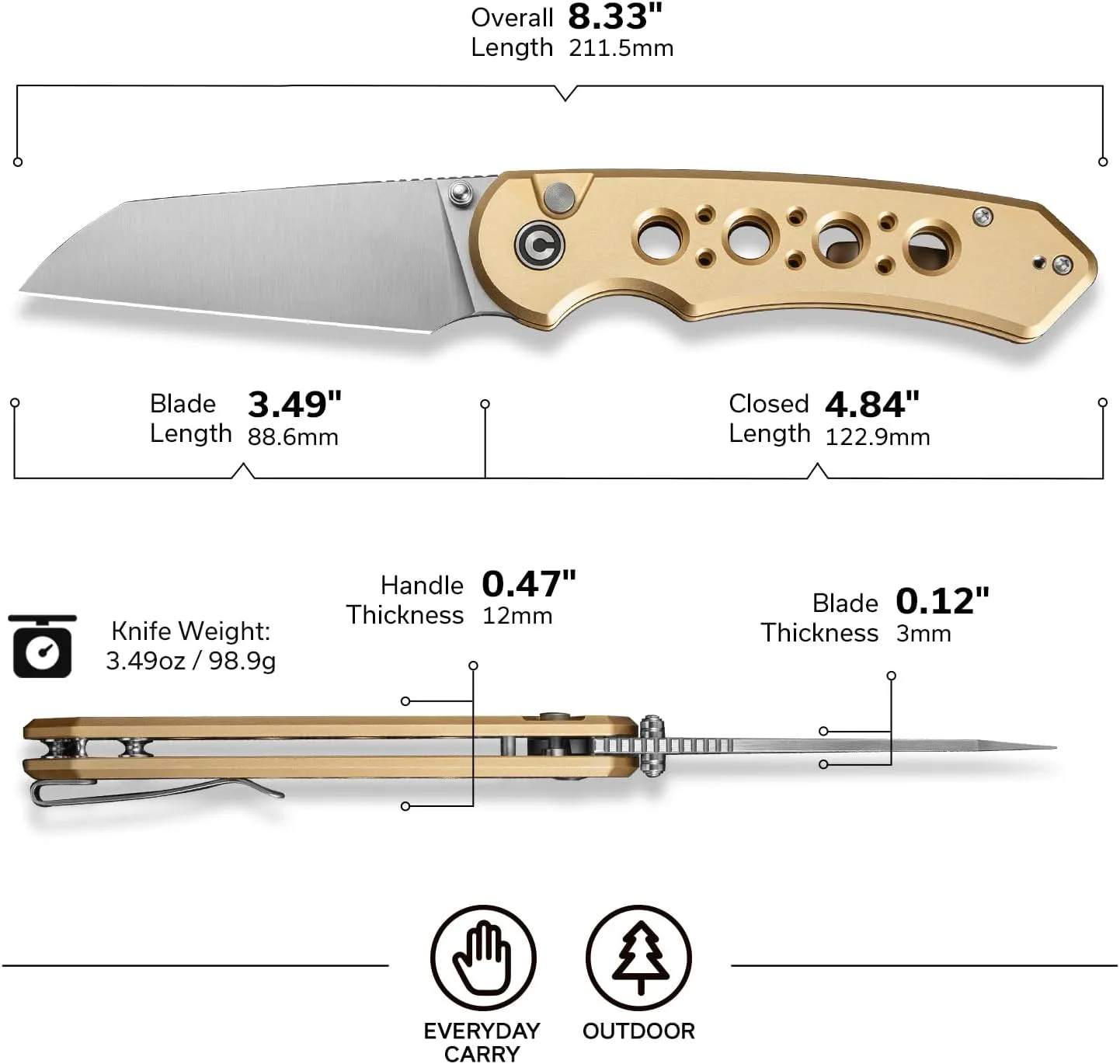 CIVIVI Pragma Prime Pocket Knife for EDC, 3.49" Wharncliffe Blade, Aluminum Handle, Reversible Clip