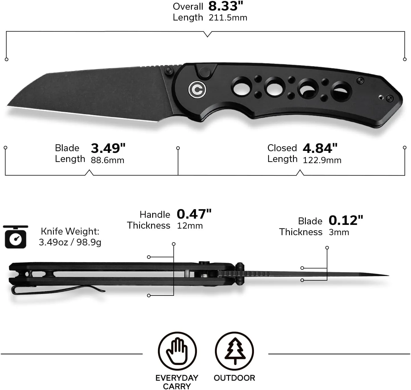 CIVIVI Pragma Prime Pocket Knife for EDC, 3.49" Wharncliffe Blade, Aluminum Handle, Reversible Clip