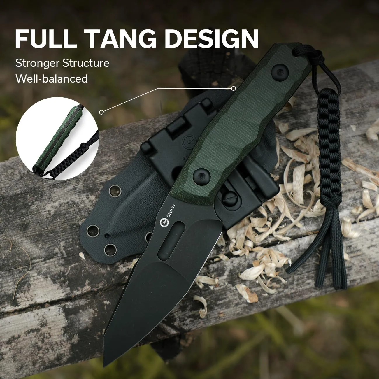 CIVIVI Propugnator EDC Fixed Blade Knife with Kydex Sheath, T-Clip and Lanyard, 4.15" D2 Blade