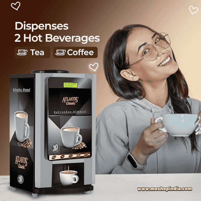 Atlantis Classic 2 Lane machine dispensing a hot cup of tea from the left nozzle.