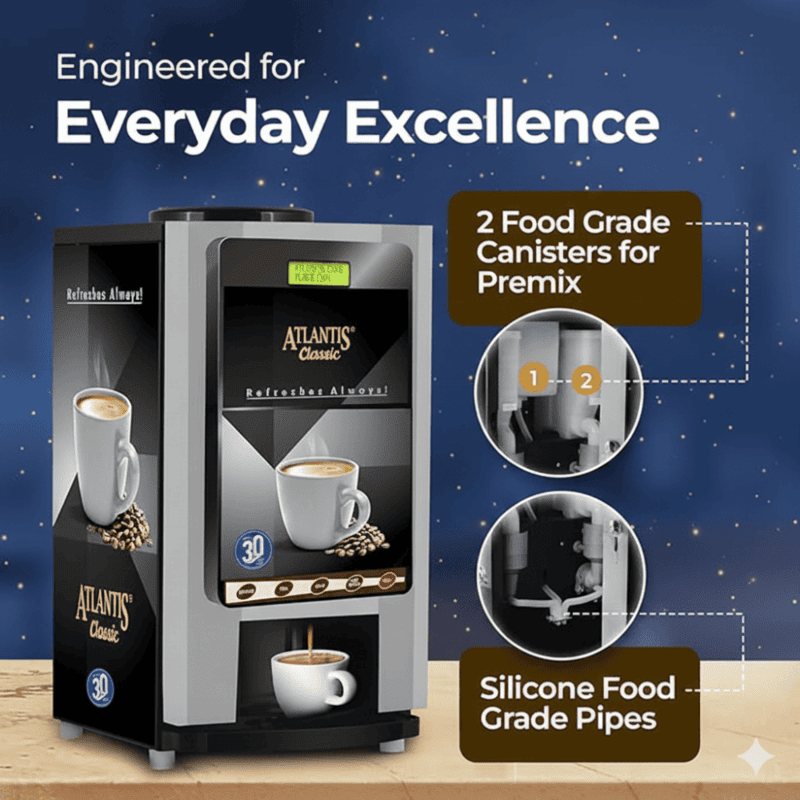 Atlantis Classic 2 Lane machine dispensing a hot cup of tea from the left nozzle.