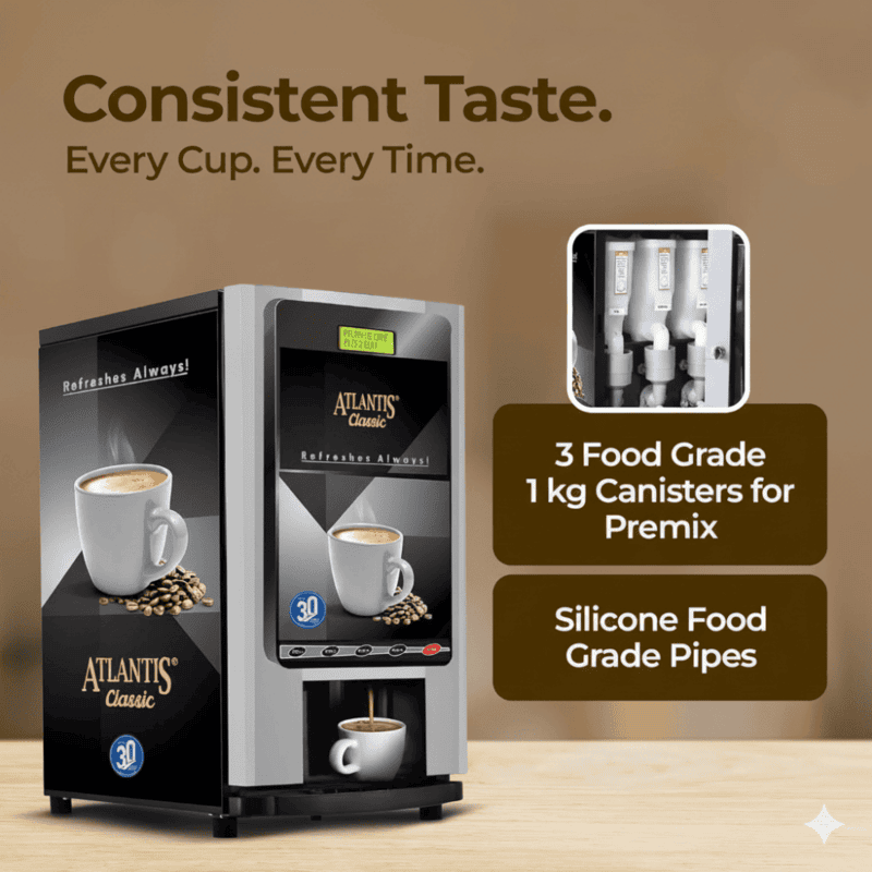 Atlantis Classic vending machine with three canisters for tea, coffee, and milk powder options.