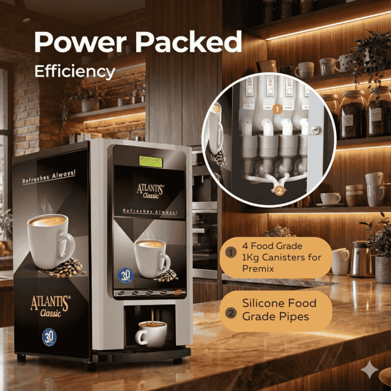 Red Atlantis Classic tea and coffee machine with four dispensing lanes.