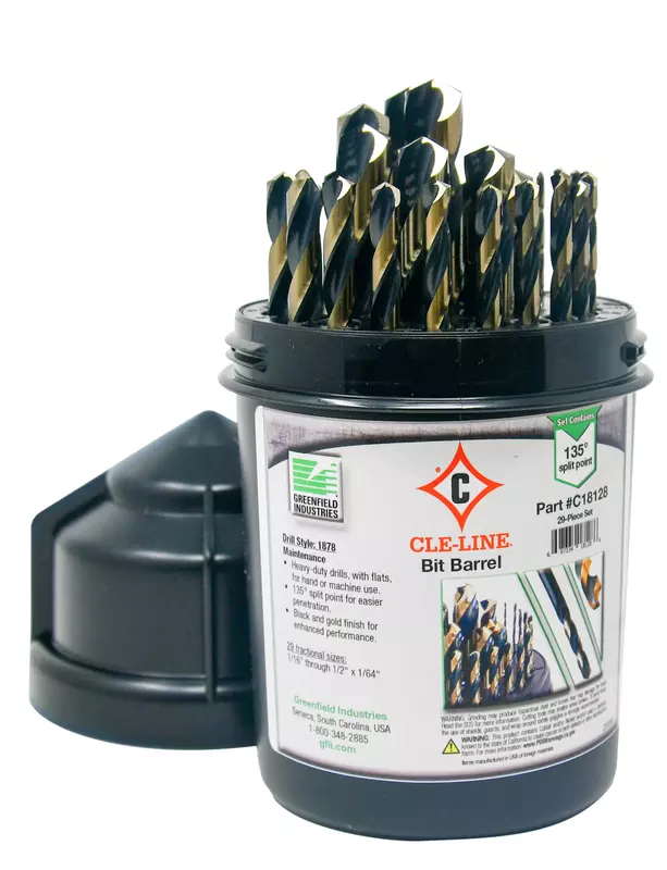 Cle-Line C18128 Bit Barrel Style 1878 High Speed Steel Jobber Length Drill Set, Black and Gold Finish, 1/16" - 1/2" Size