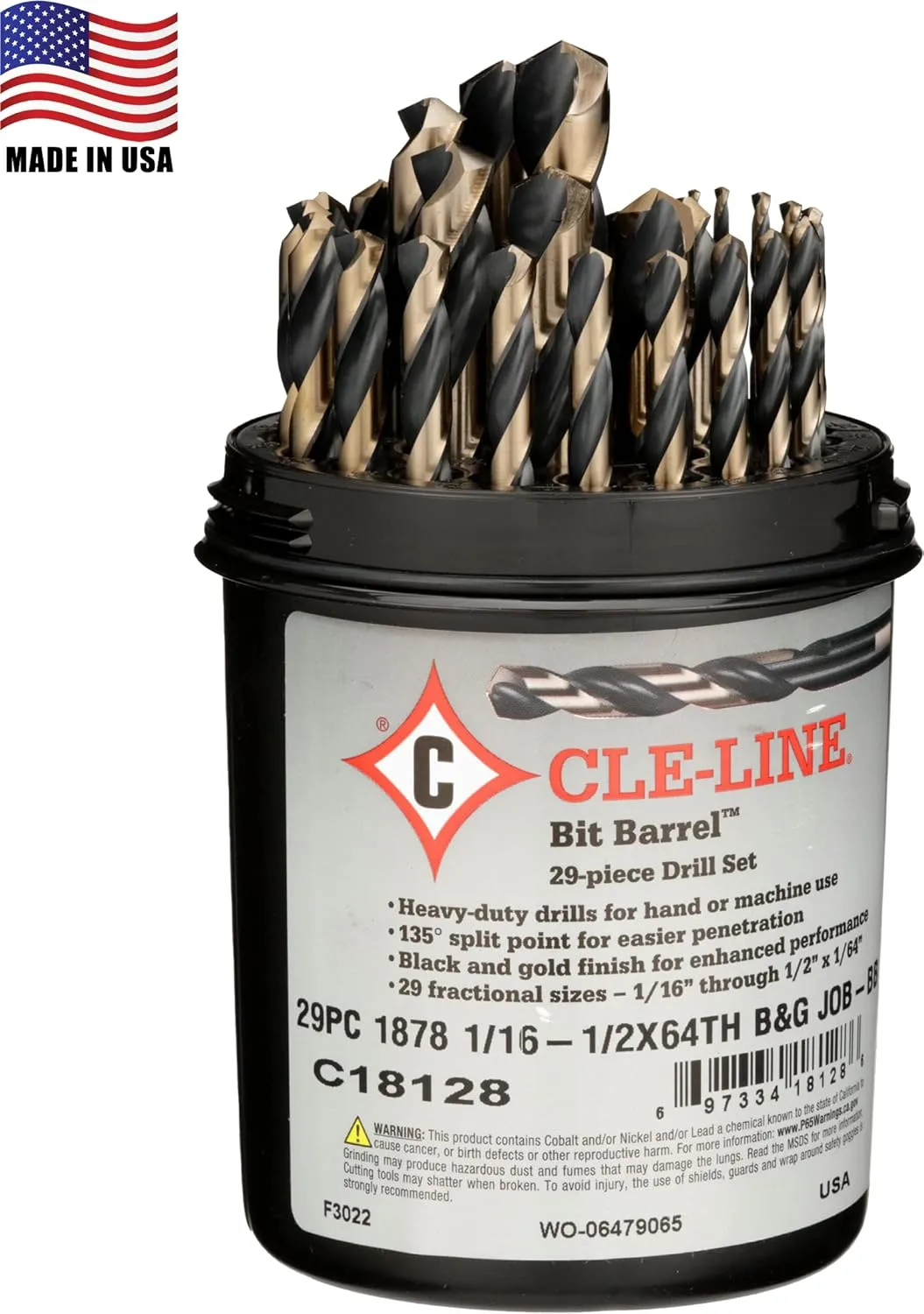 Cle-Line C18128 Bit Barrel Style 1878 High Speed Steel Jobber Length Drill Set, Black and Gold Finish, 1/16" - 1/2" Size